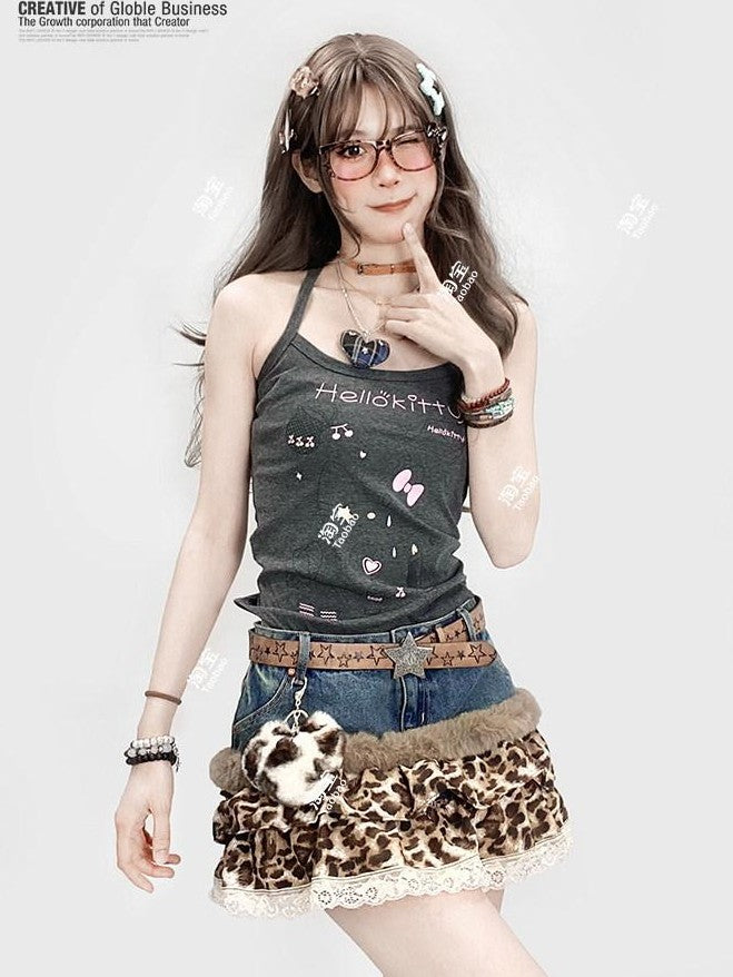 REDDACHIC Leopard Print Patchwork Tiered Cake Women'S Lace Denim Mini Skirts