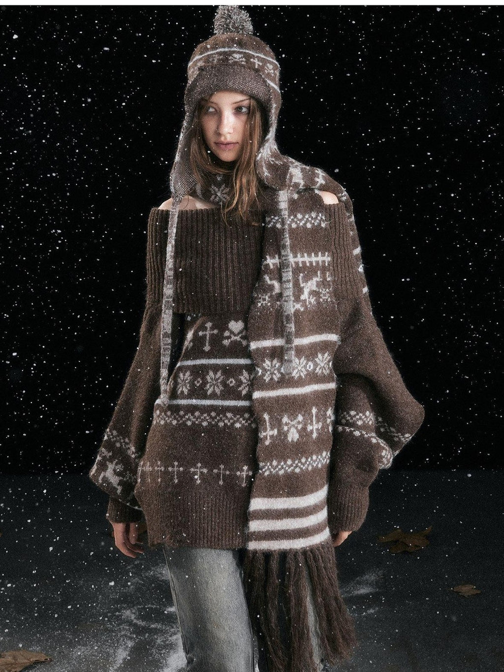 Cest Nous Cozy Wool Rectangular Neck Wrap Women Brown Geometric Scarves