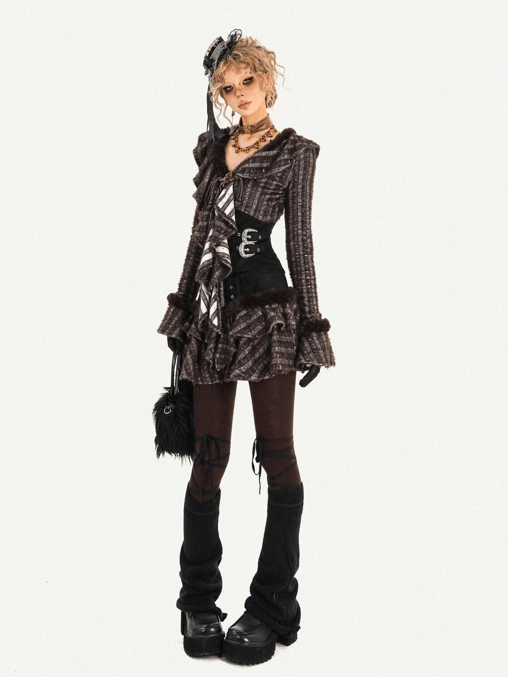 Nico Molly Colorfast Slim Cinched Patchwork V-neck Striped Knit Women Top & Skirt Sets