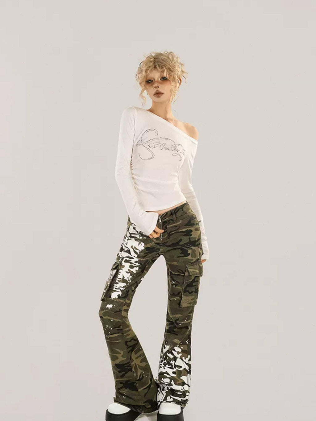 Nico Molly Rhinestone Print Slim One Shoulder Sexy Women Text Long Sleeve T-Shirts