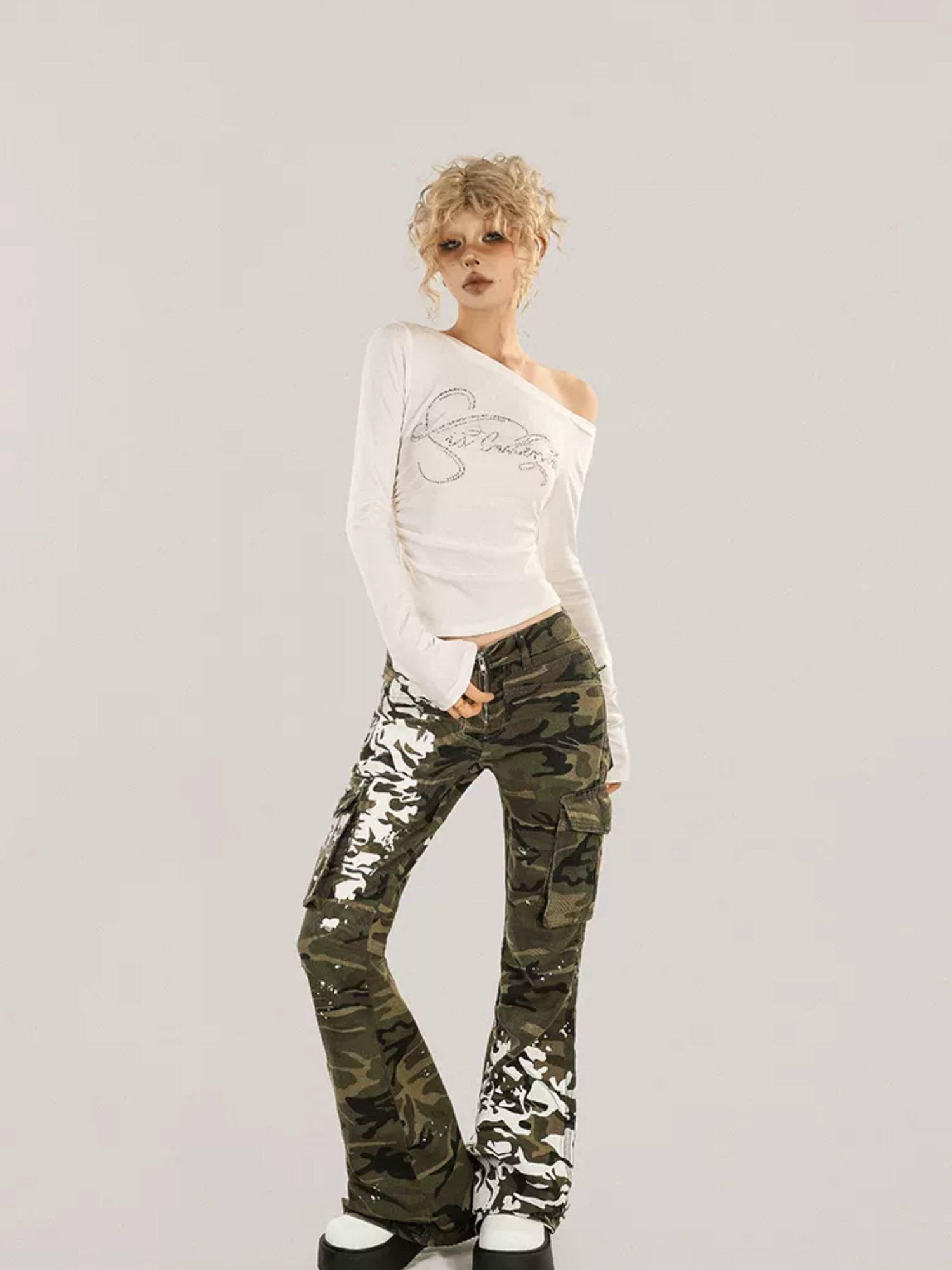 Nico Molly Rhinestone Print Slim One Shoulder Sexy Women Text Long Sleeve T-Shirts