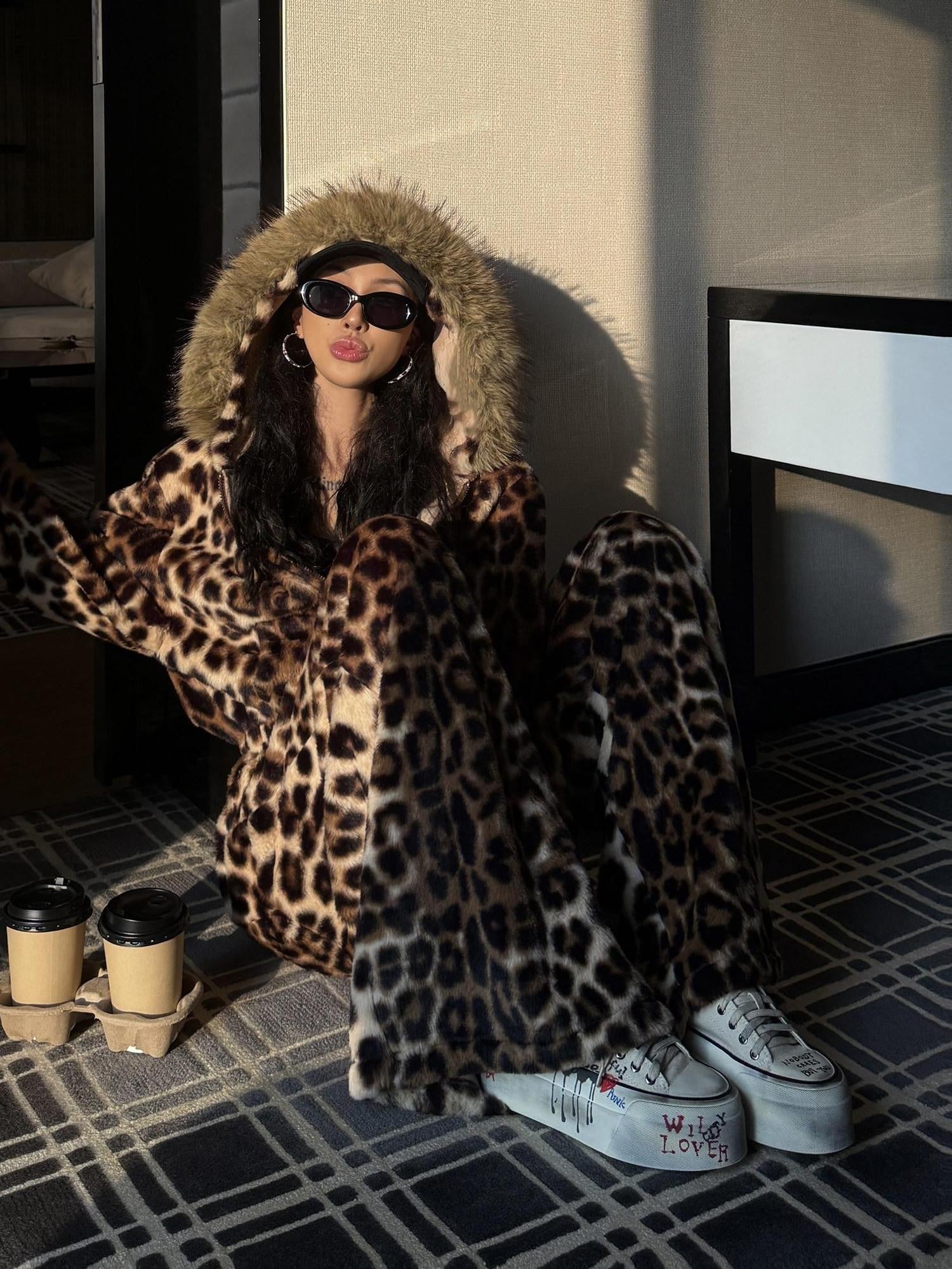 ZERO Fleece Lined Warm Loose Hooded Zipper Women Leopard Print Top & Pants Sets
