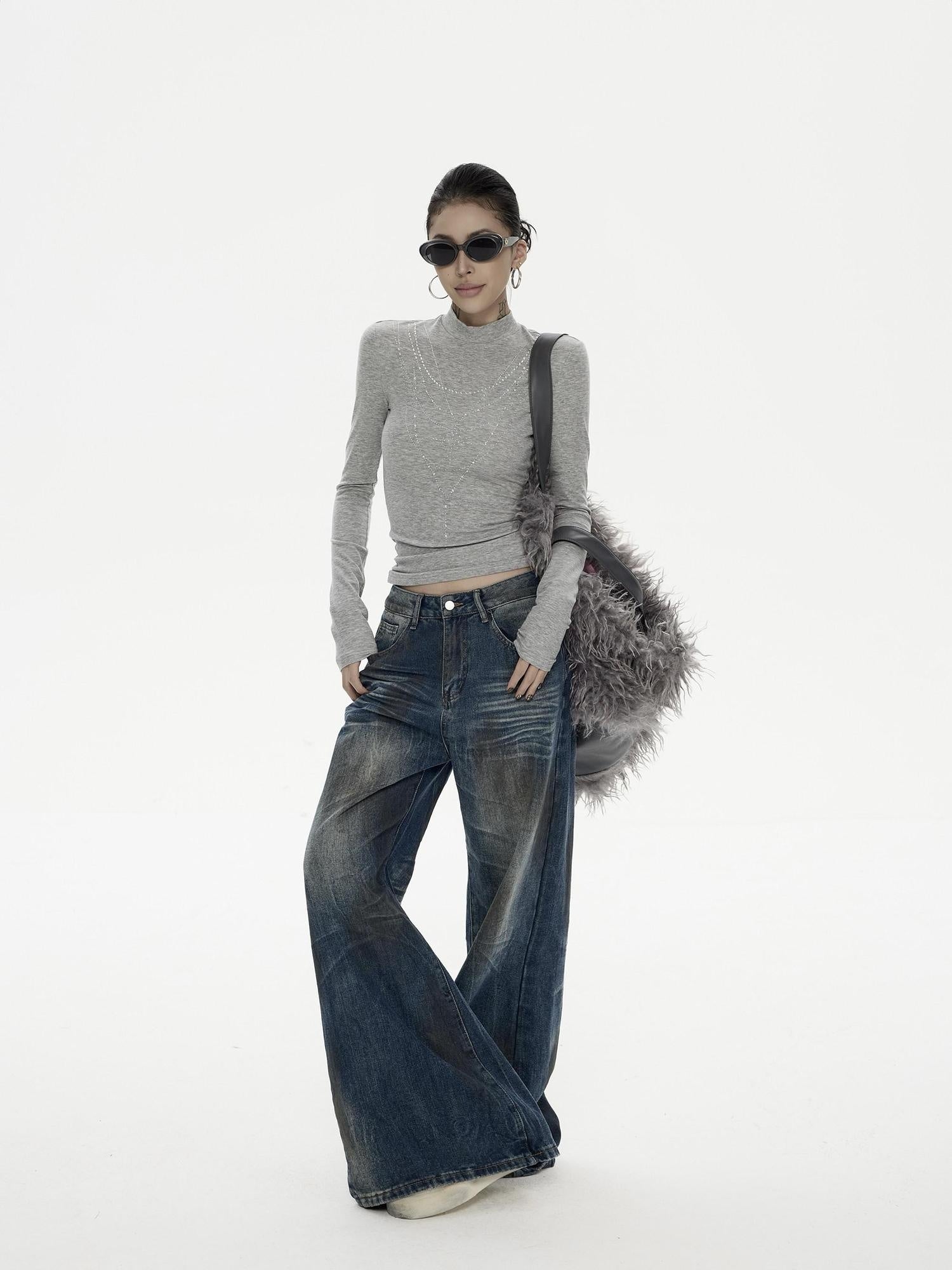 ZERO Rhinestone Street Slim High Neck Lyocell Knit Women Long Sleeve Crop Tops
