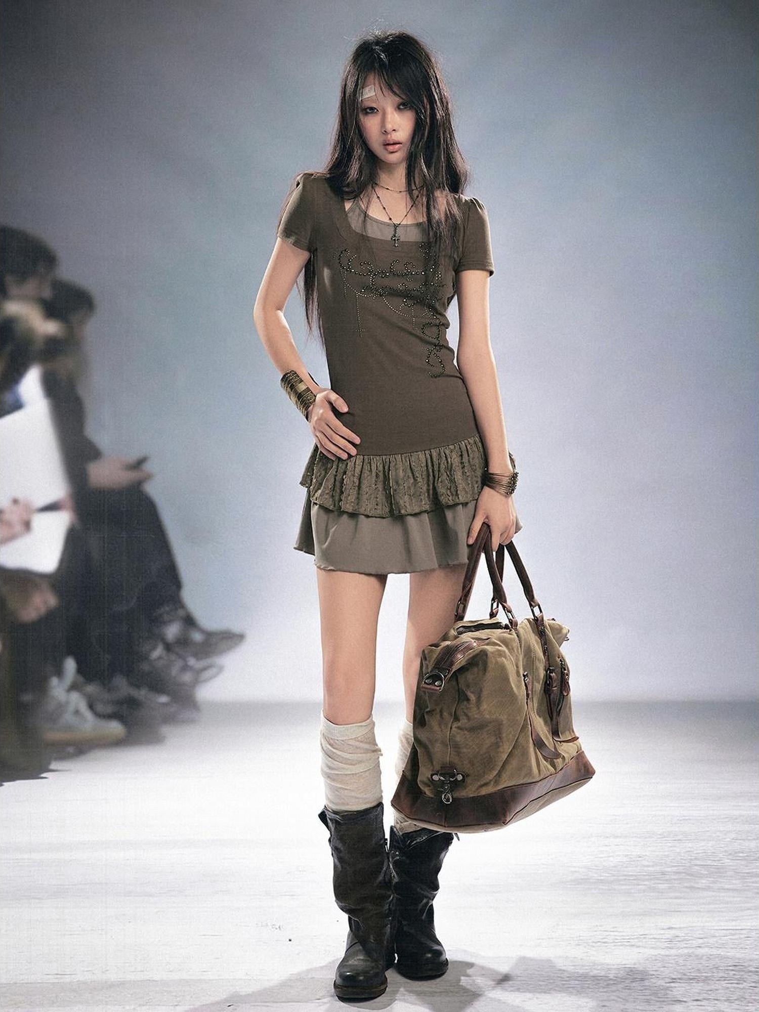 Cest Nous Rhinestone Patchwork Faux Two Piece Short Sleeve Women Sage Green Minidresses