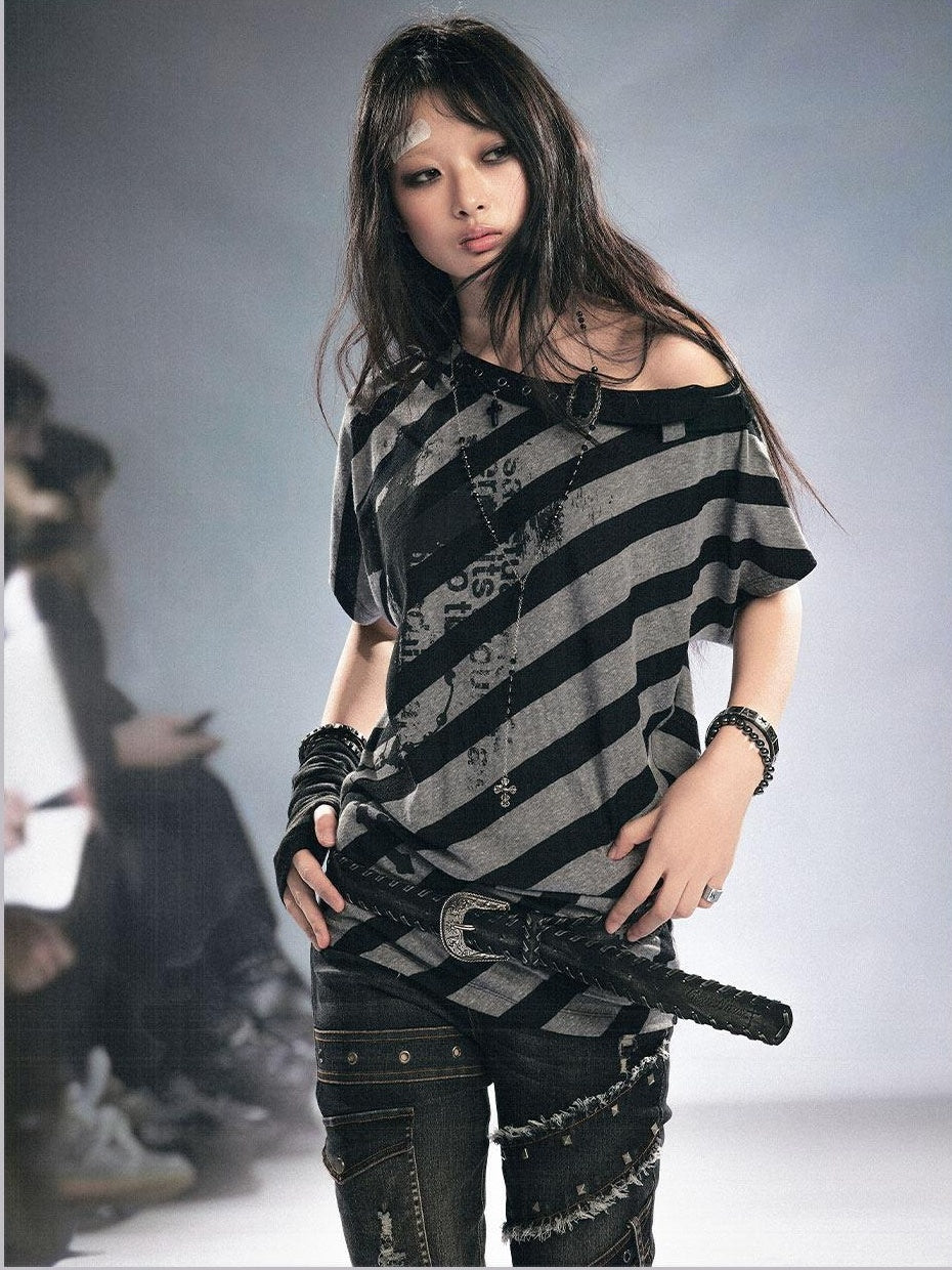 Cest Nous Punk Stripe Batwing Short Sleeve Asymmetric Neck Black Grey Offshouldercroptops