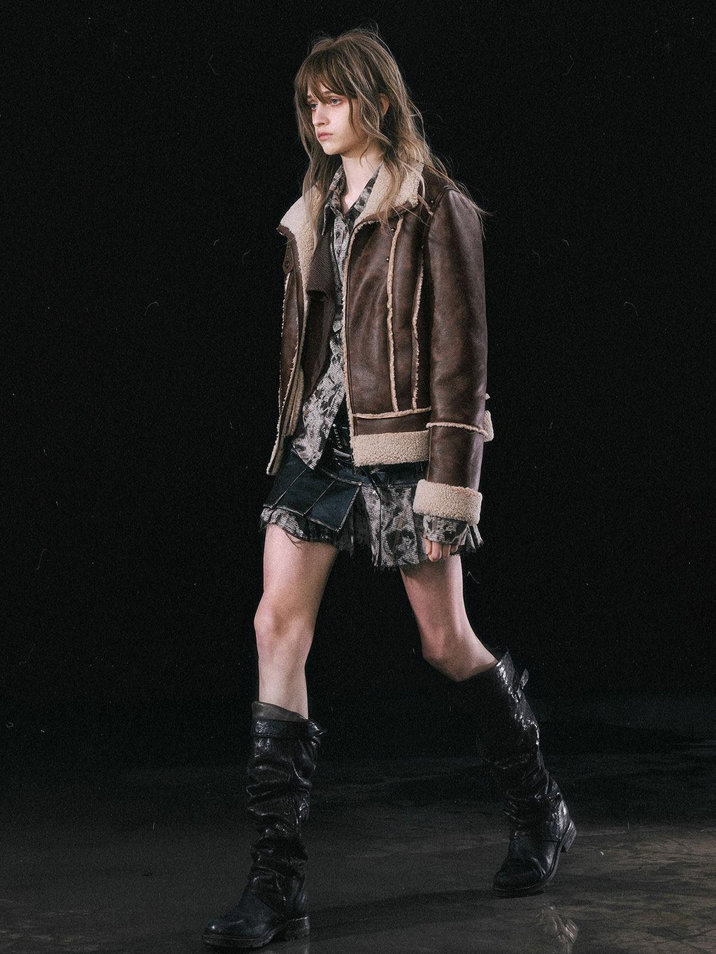 Cest Nous Thick Fleece Lined Street Straight Fit Patch Zipfront Brown Pu Leatherjackets