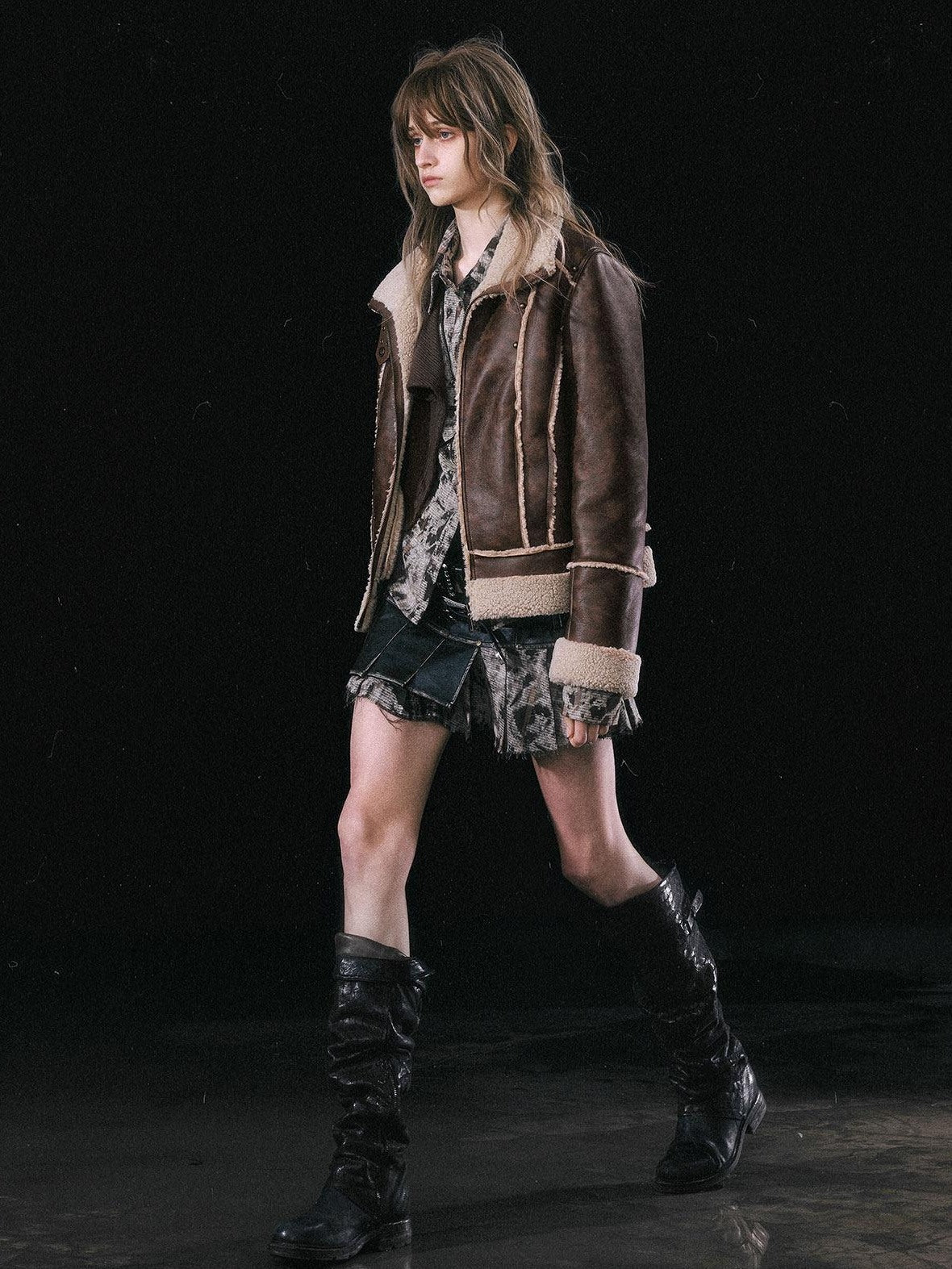 Cest Nous Thick Fleece Lined Street Straight Fit Patch Zipfront Brown Pu Leatherjackets