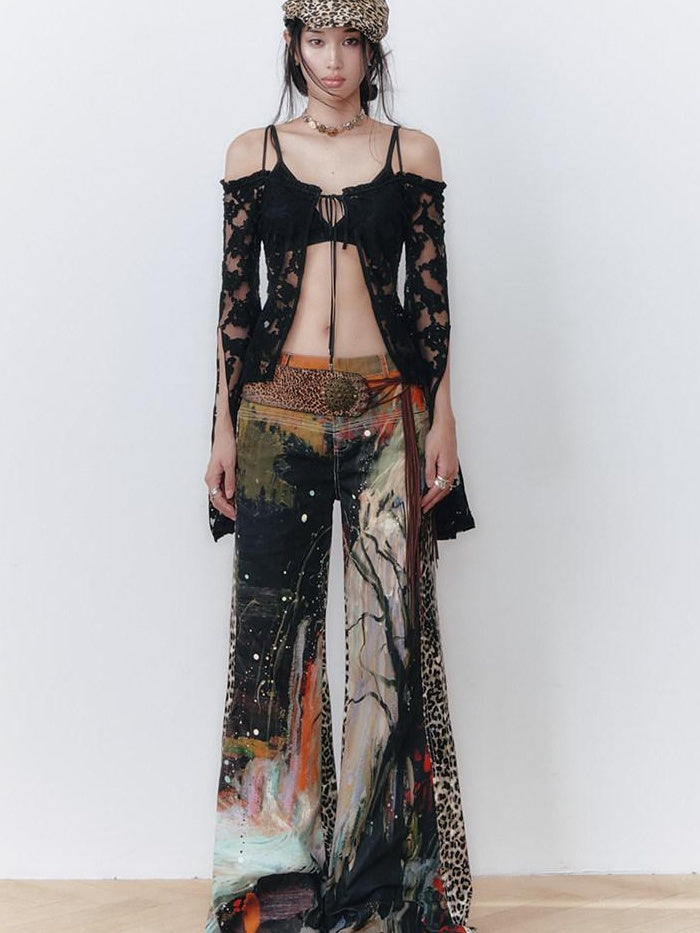 OfAkiva High Waist Leopard Patchwork Commuter Womens Straight Cut Flared Pants