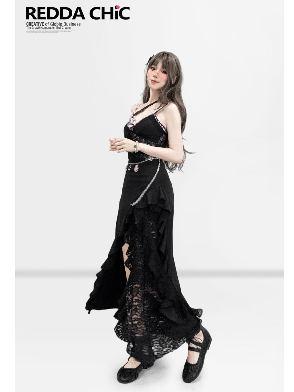 REDDACHIC Black Pink Lace Panel Asymmetrical Cinched Waist Women'S Slip Maxi Dresses