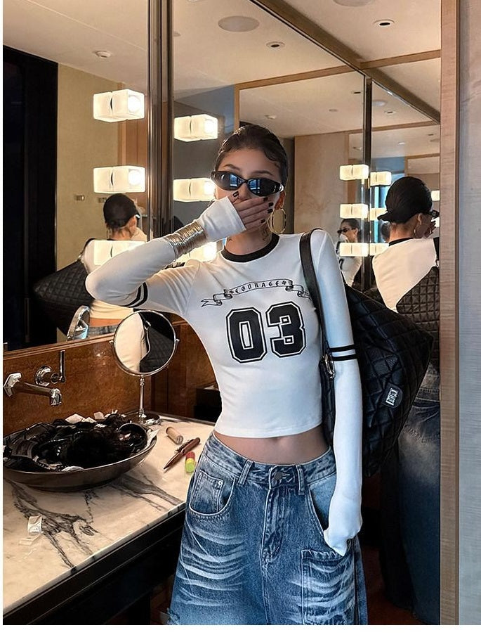 ZERO Viscose Knit Letter Print Casual Slim Fit Women Daily Long Sleeve Crop Tops