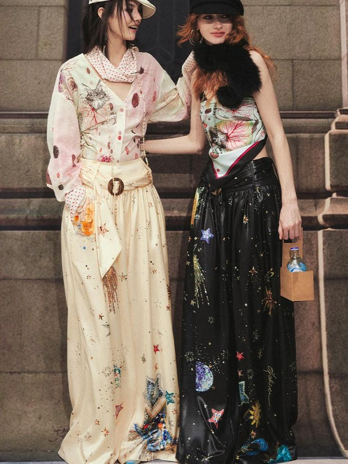 OfAkiva High Waist Starry Galaxy Print Casual Pockets Elastic Waist Women Wide Leg Pants