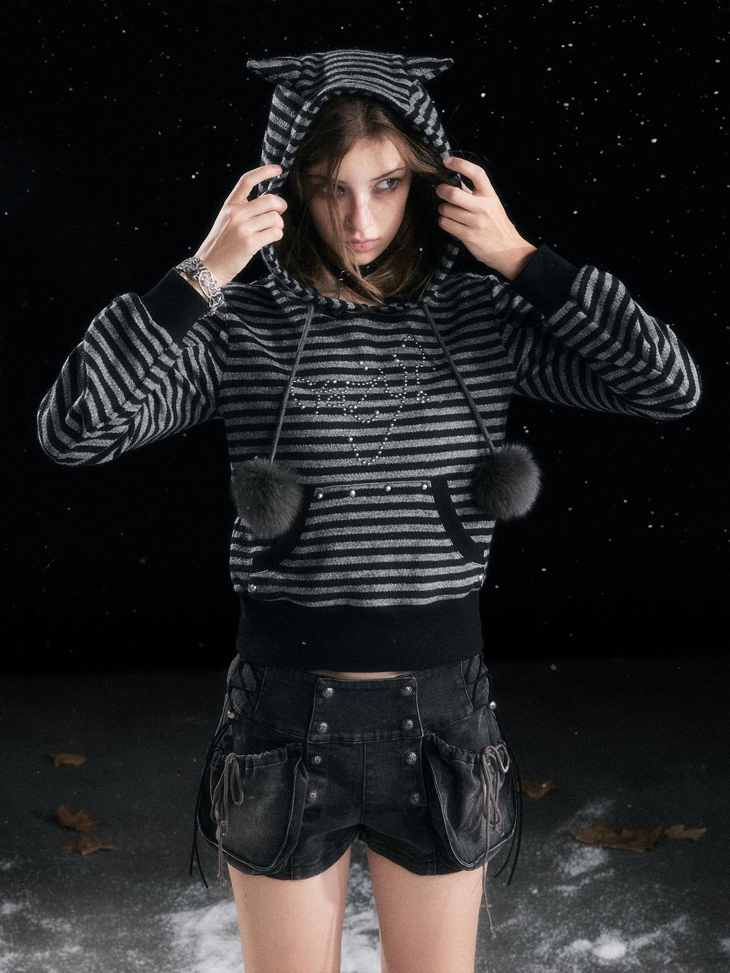 Cest Nous Acrylic Blend Loose Fit Commuter Pullover Women Striped Black Gray Hooded Hoodie