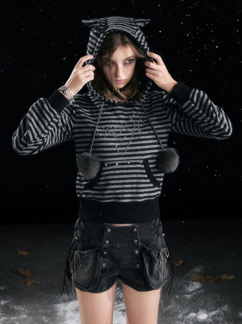 Cest Nous Acrylic Blend Loose Fit Commuter Pullover Women Striped Black Gray Hooded Hoodie