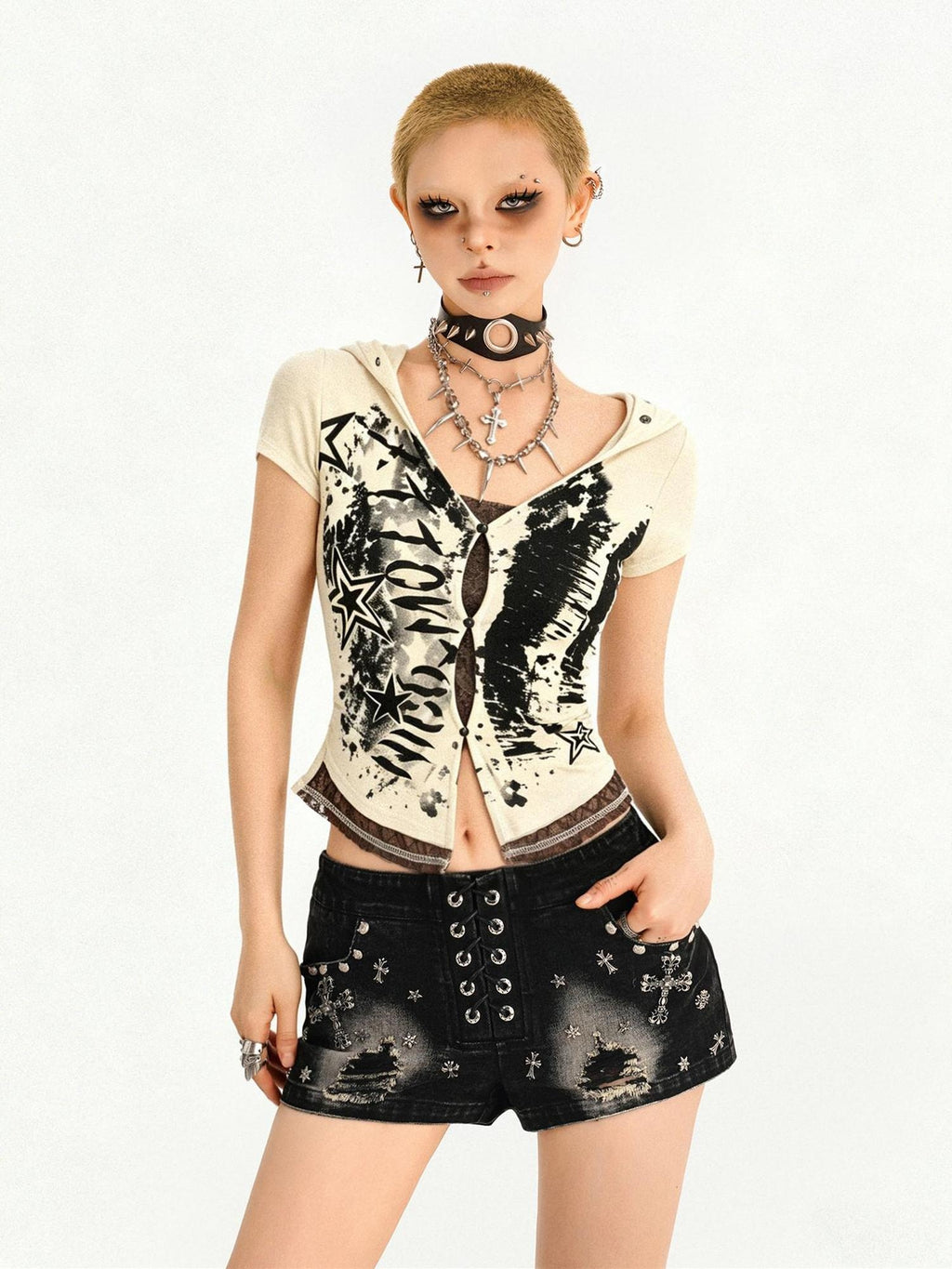 Nico Molly Cinched Waist Lace Skull Punk Faux Two Piece Cropped Women Off White Hoodie