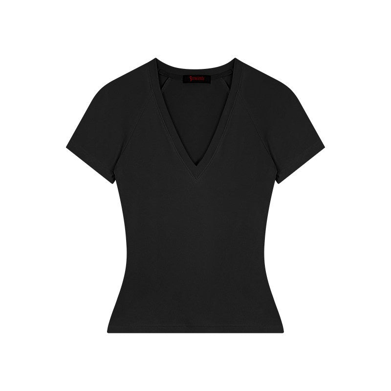 ZERO_V-neck_Viscose_Slim_Fit_Street_Athleisure_For_Women_Short_Sleeve_T-Shirts_MISSTT