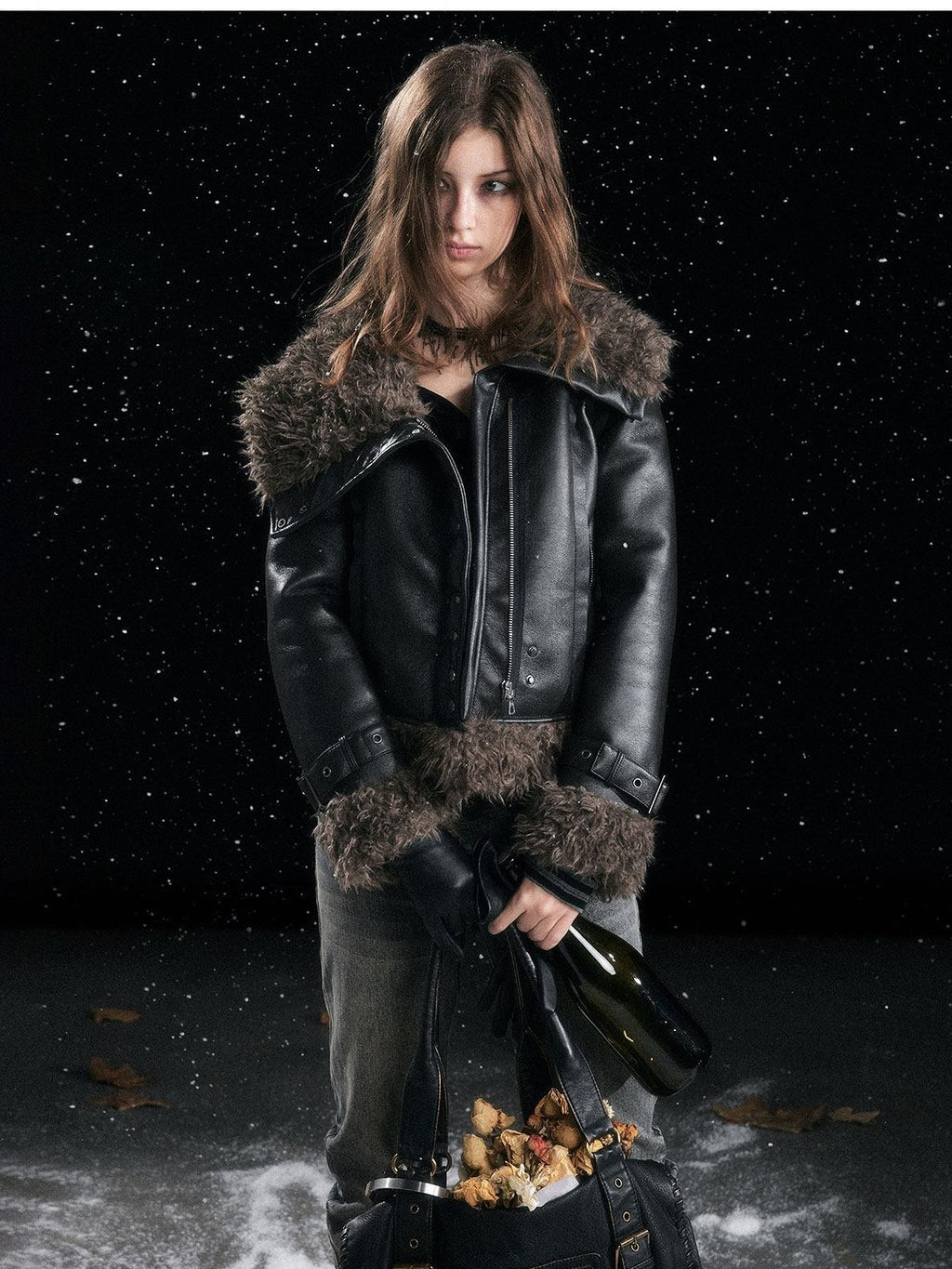 Cest Nous Slimming Thick Punk Straight Cut Faux Shearling Lapel Zip Women Croppedjackets