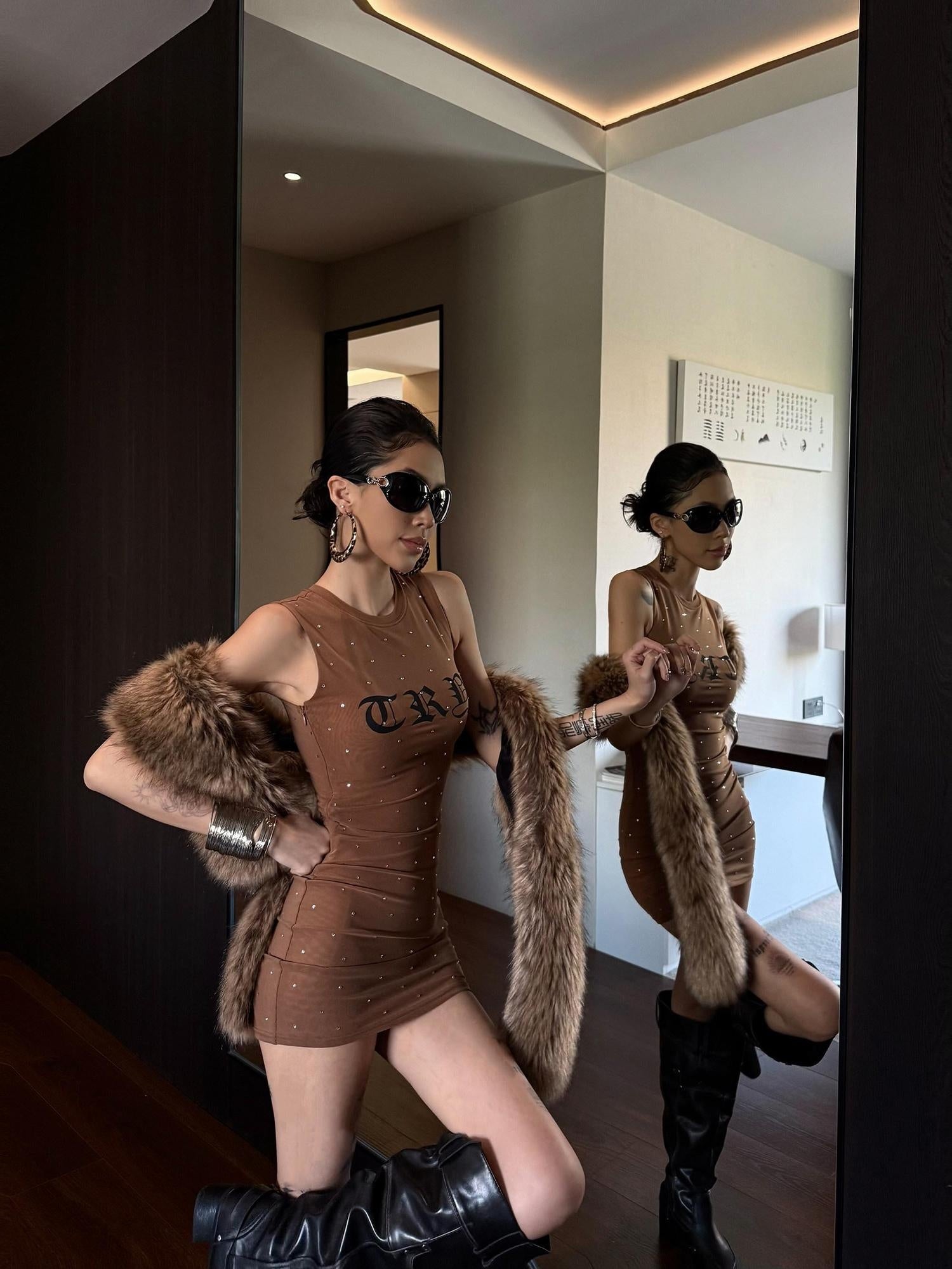 ZERO Rhinestone Stretch Street Bodycon Sleeveless Women Nylon Brown Mini Dresses