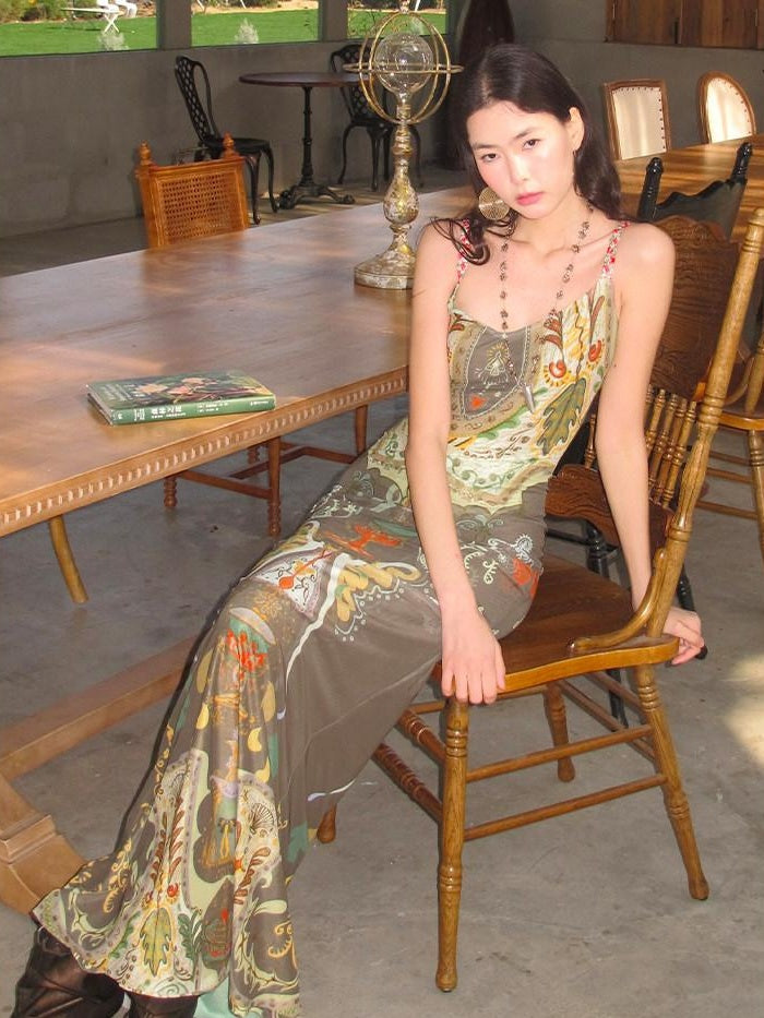 OfAkiva Vintage High Waist Sleeveless Printed Mermaid Women Vacation Maxi Dresses
