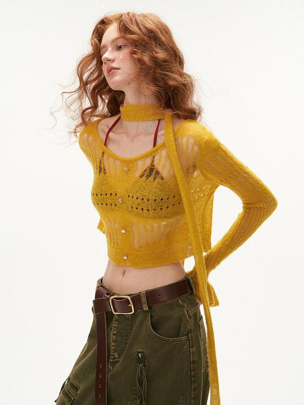 MAMC Wool Blend Hollow Knit Casual V-neck Short Button Two Piece Women Cardigans
