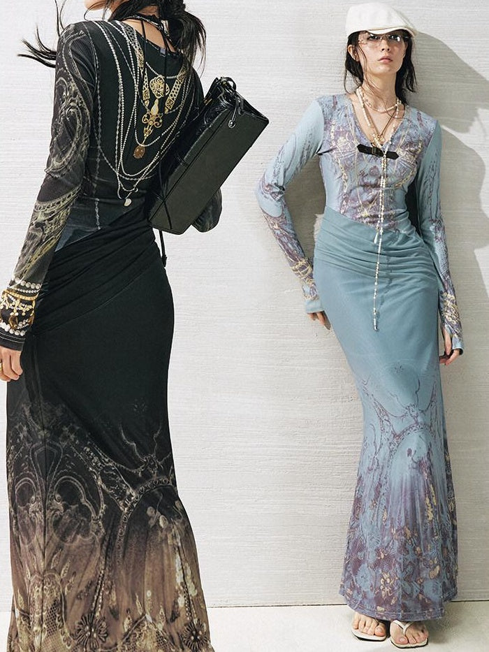 OfAkiva High Stretch High Waist Vintage Floral V-neck Long Sleeve A Line Maxi Dresses
