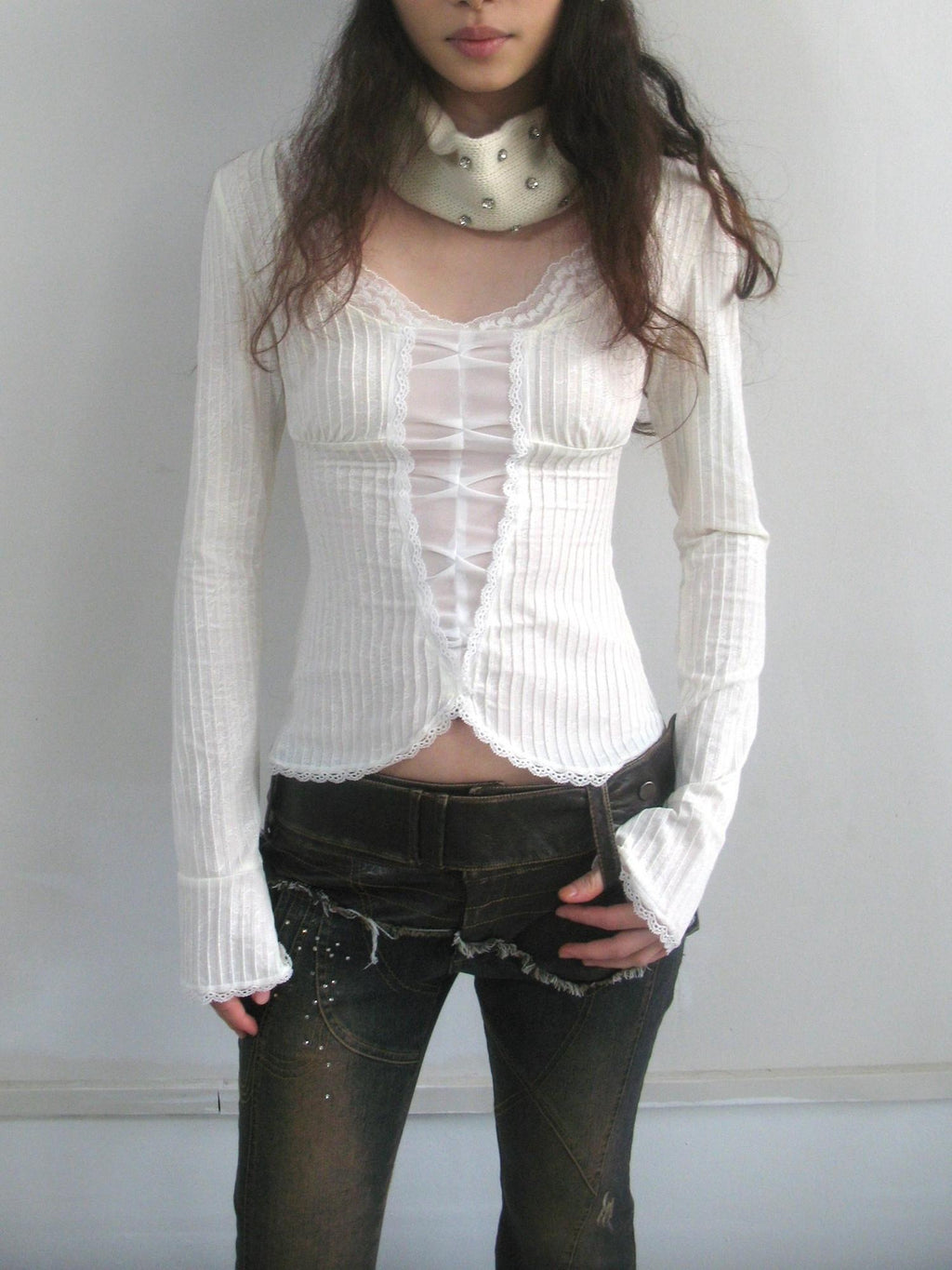 OPEN AESTHETIC Soft Cotton Lace Patchwork Sweet Slim Fit Cropped Long Sleeve T-Shirts
