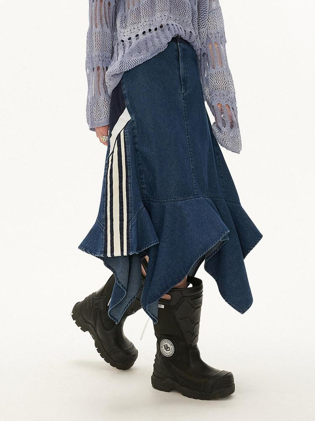 MAMC Soft Cotton Blend Asymmetric Mid Waist Office Minimalist Blue Midi Skirts