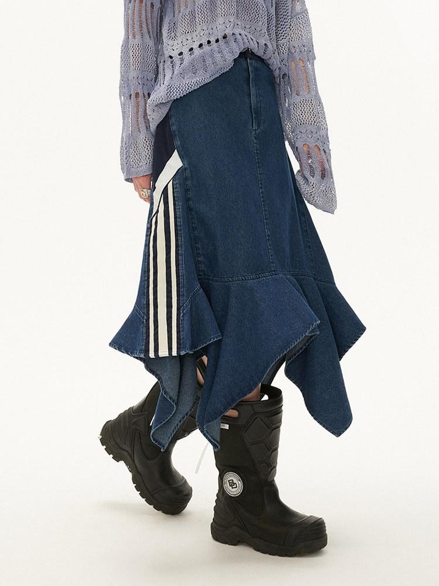 MAMC Soft Cotton Blend Asymmetric Mid Waist Office Minimalist Blue Midi Skirts