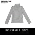 REDDACHIC_Black_White_Stripe_Gothic_Half_Collar_Women'S_Fleece_Long_Sleeve_T-Shirts_MISSTT