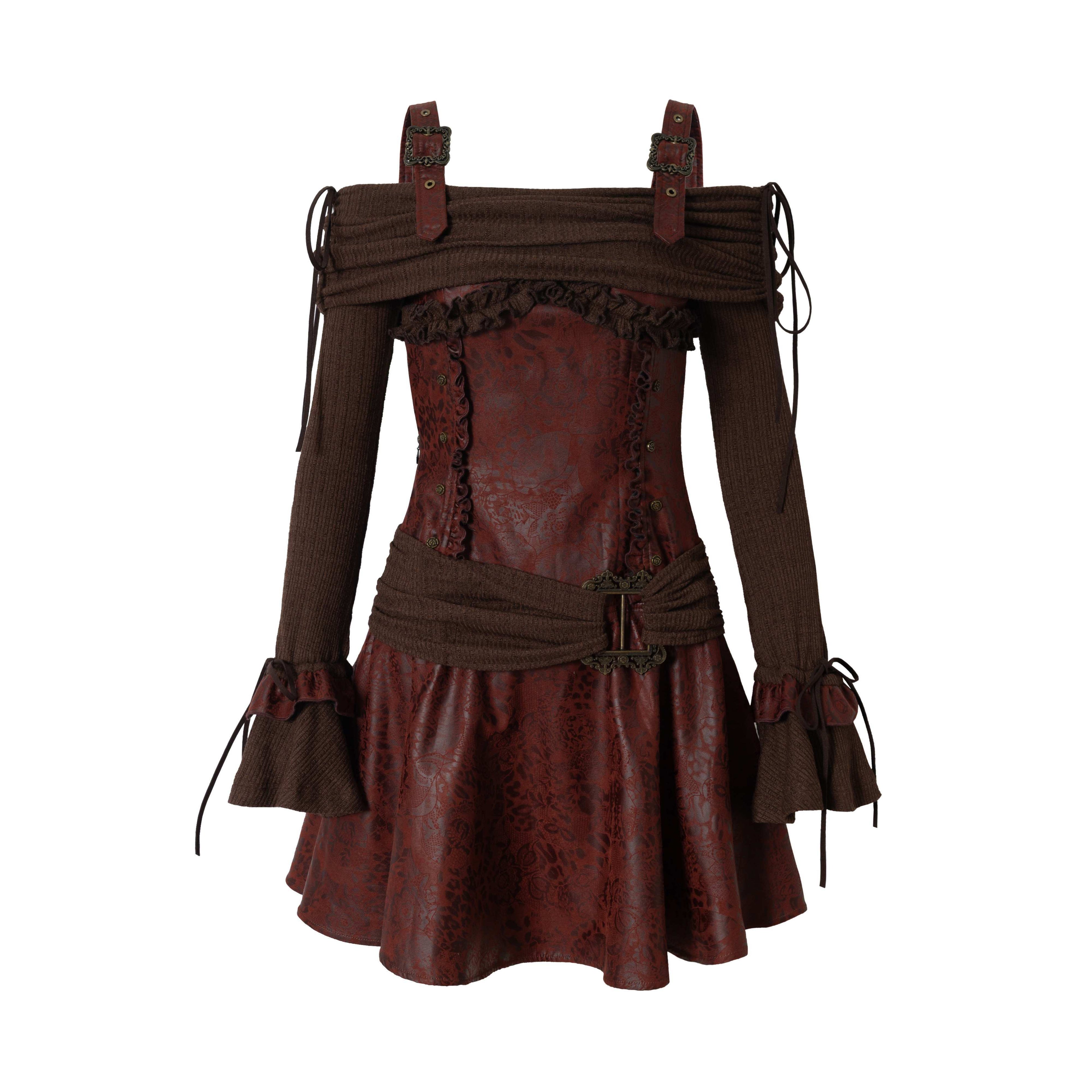 NO_ROMANCE_Punk_Leather_Trim_One_Shoulder_Long_Sleeve_Aline_Women'S_Knit_Mini_Dresses_MISSTT