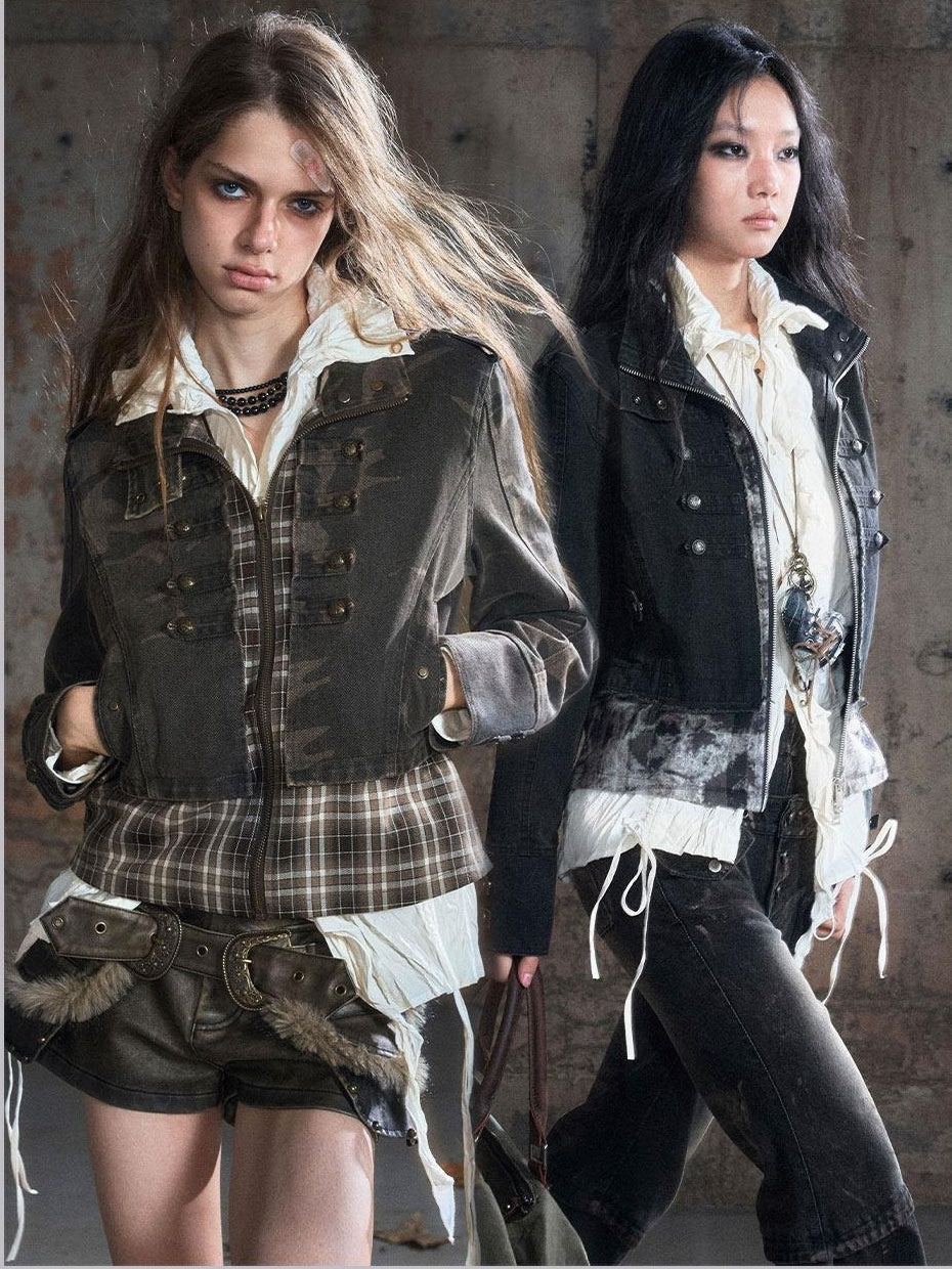 Cest Nous Frayed Punk Stand Collar Camo Cotton Button Long Sleeve Women Croppedjackets