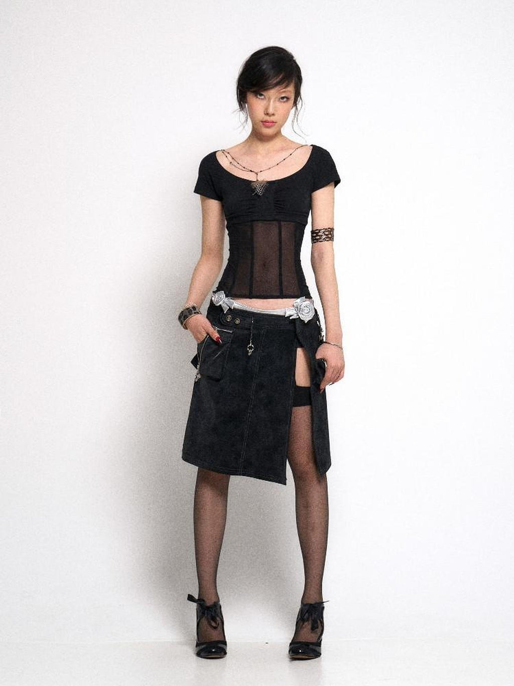 Flowers birds Market Cutout Gothic Slim Fit Solid Black Women Cotton Stretch Short Sleeve T-Shirts
