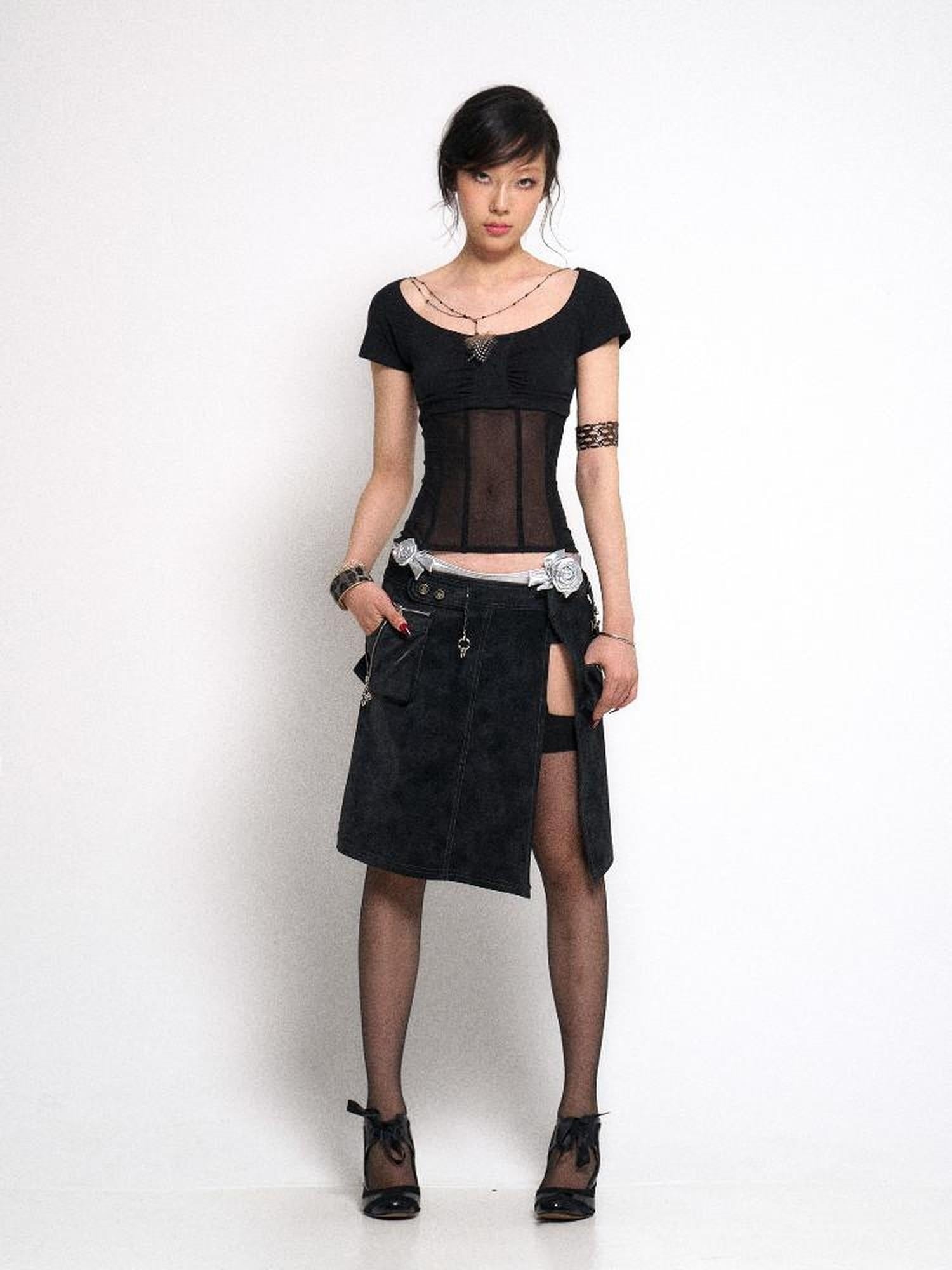 Flowers birds Market Cutout Gothic Slim Fit Solid Black Women Cotton Stretch Short Sleeve T-Shirts