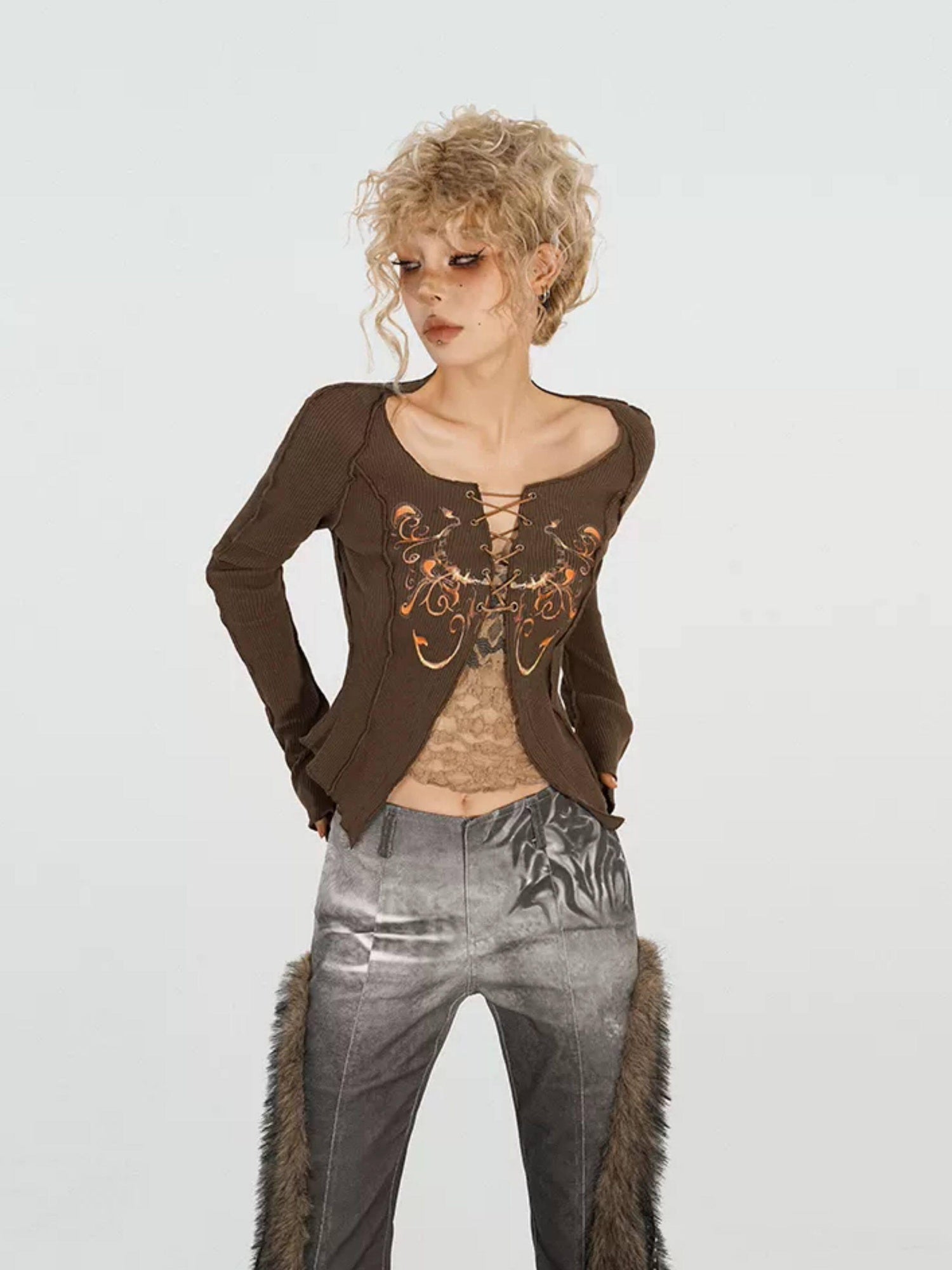 Nico Molly Butterfly Knit Slim Low Waist Tie Boatneck Women Brown Jackets