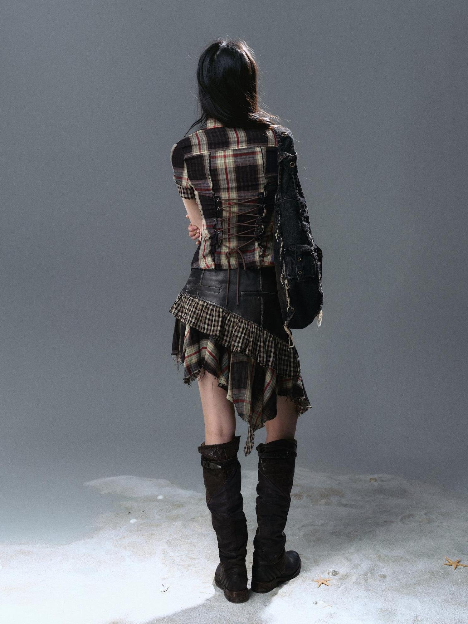 Cest Nous Pu Asymmetric Patchwork A Line Low Waist Punk Street Casual Black Midiskirts