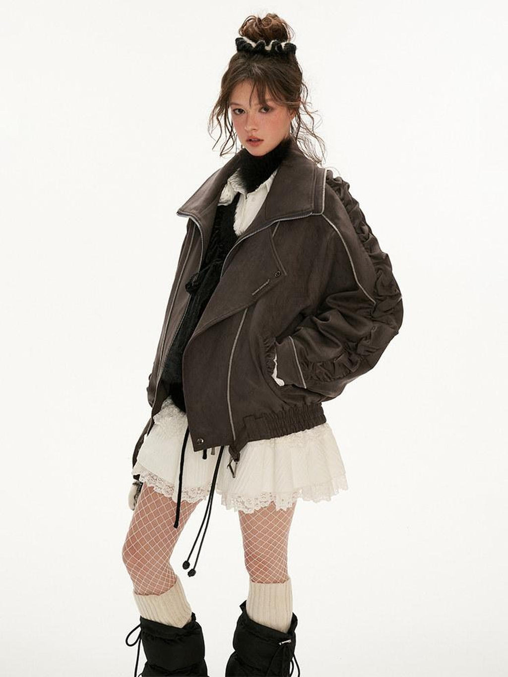 MAMC Stretch Polyester Loose Fit Mechanical Lapel Zipper Gray Leather Jackets