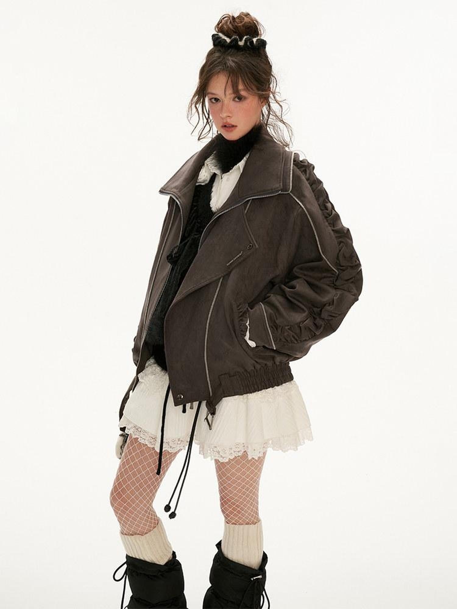MAMC Stretch Polyester Loose Fit Mechanical Lapel Zipper Gray Leather Jackets
