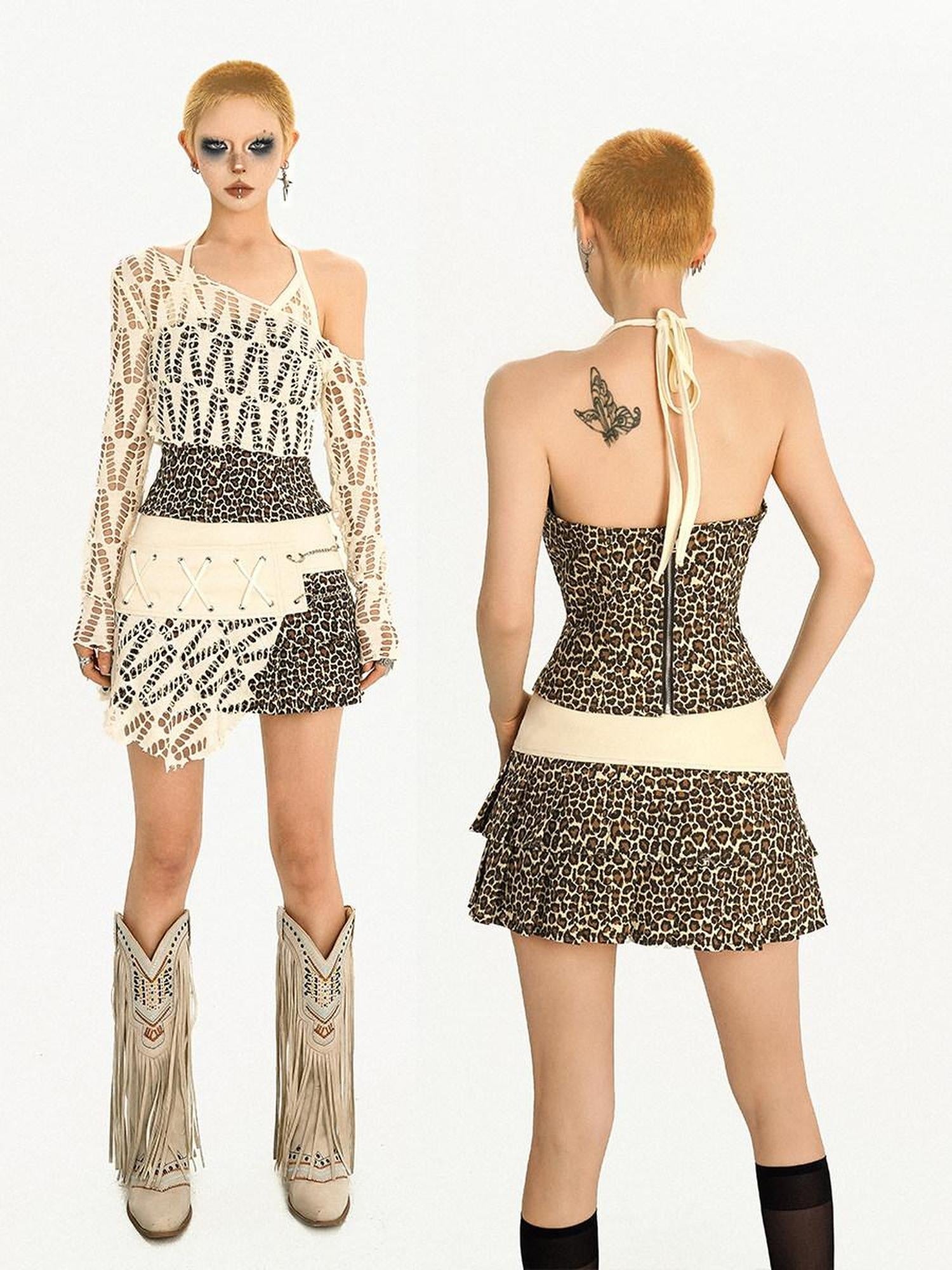 Nico Molly Animal Patchwork Long Sleeve Round Neck Women Polyester Top & Skirt Sets