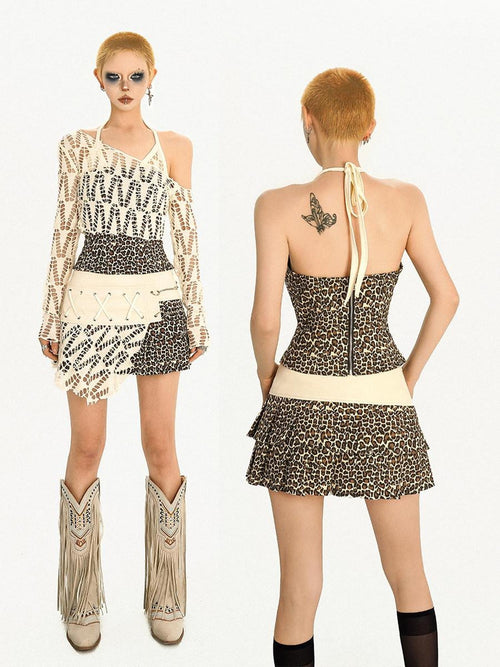 Nico Molly Animal Patchwork Long Sleeve Round Neck Women Polyester Top & Skirt Sets