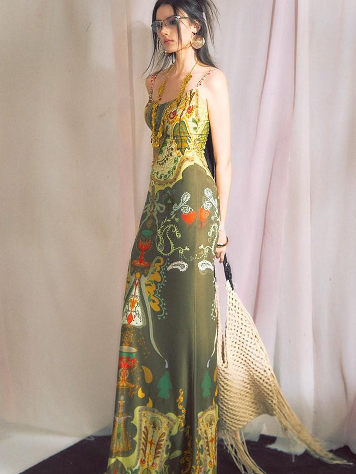 OfAkiva Vintage High Waist Sleeveless Printed Mermaid Women Vacation Maxi Dresses