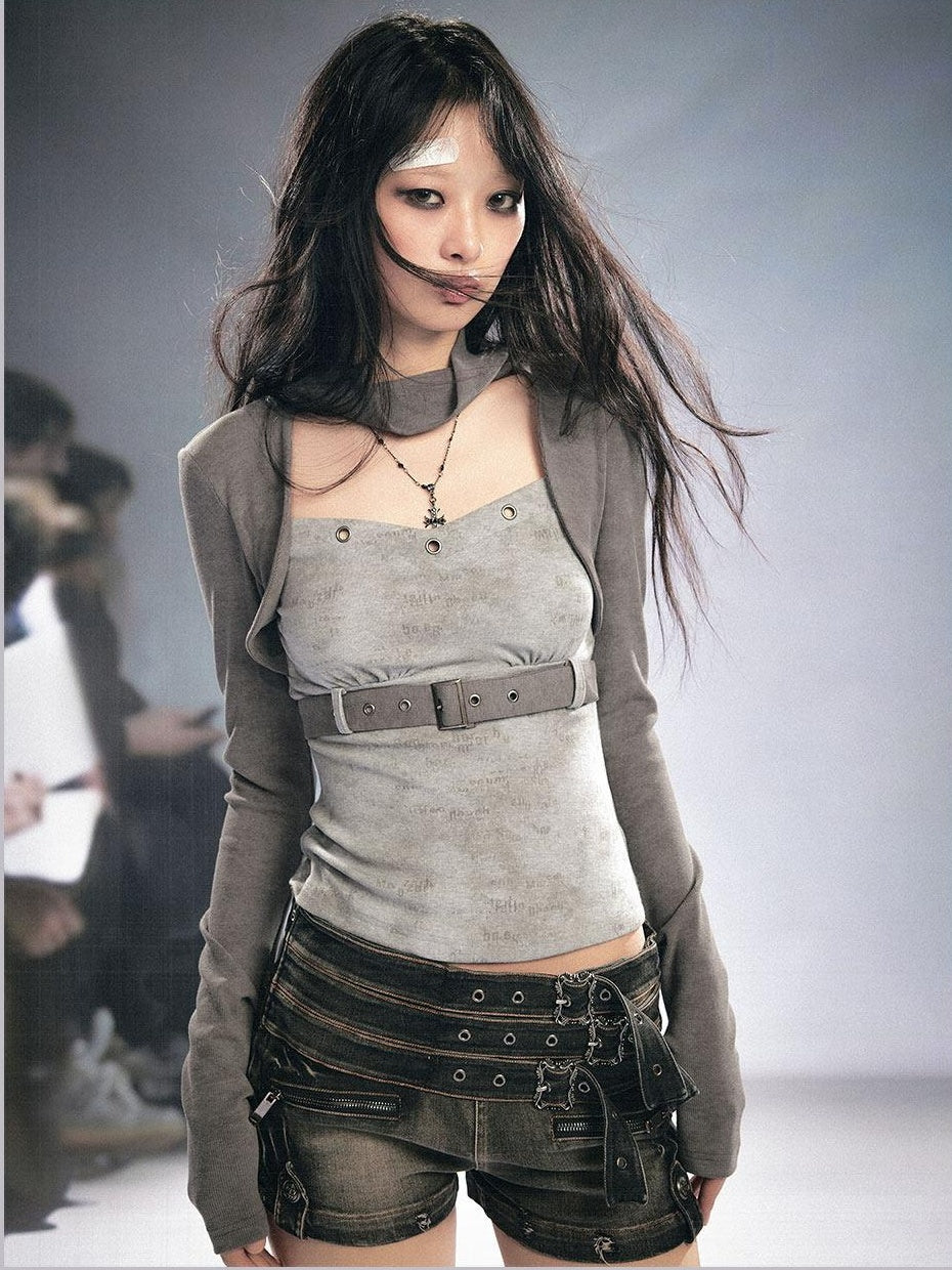 Cest Nous Soft Viscose Slim Fit Punk Layered Cropped Women Letter Panel Longsleevet-Shirts