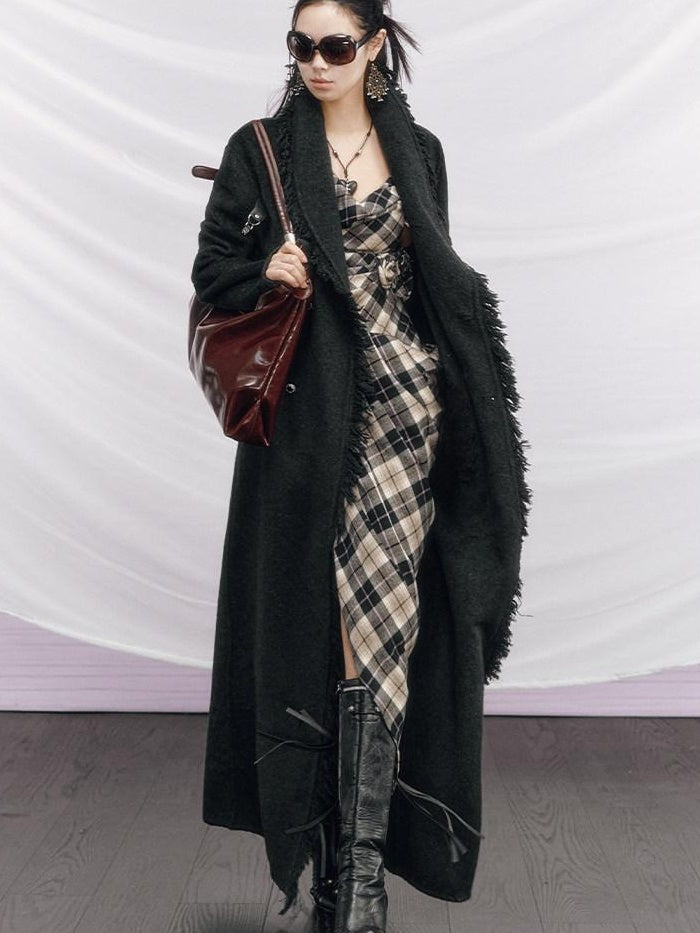 OfAkiva Vintage Slim Wool V-neck Drop Shoulder Single Breasted Women Long Coats