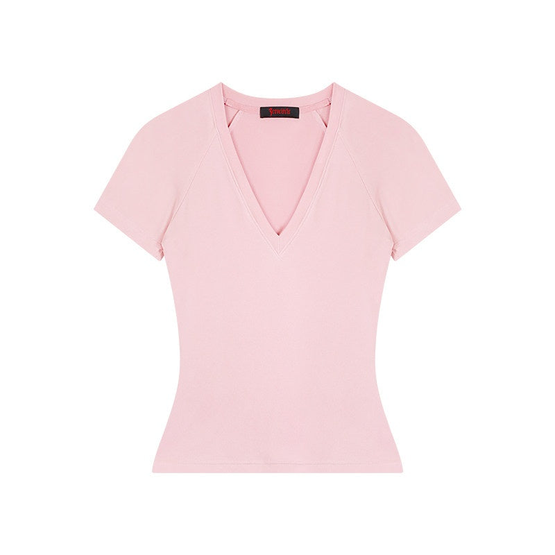 ZERO_V-neck_Viscose_Slim_Fit_Street_Athleisure_For_Women_Short_Sleeve_T-Shirts_MISSTT