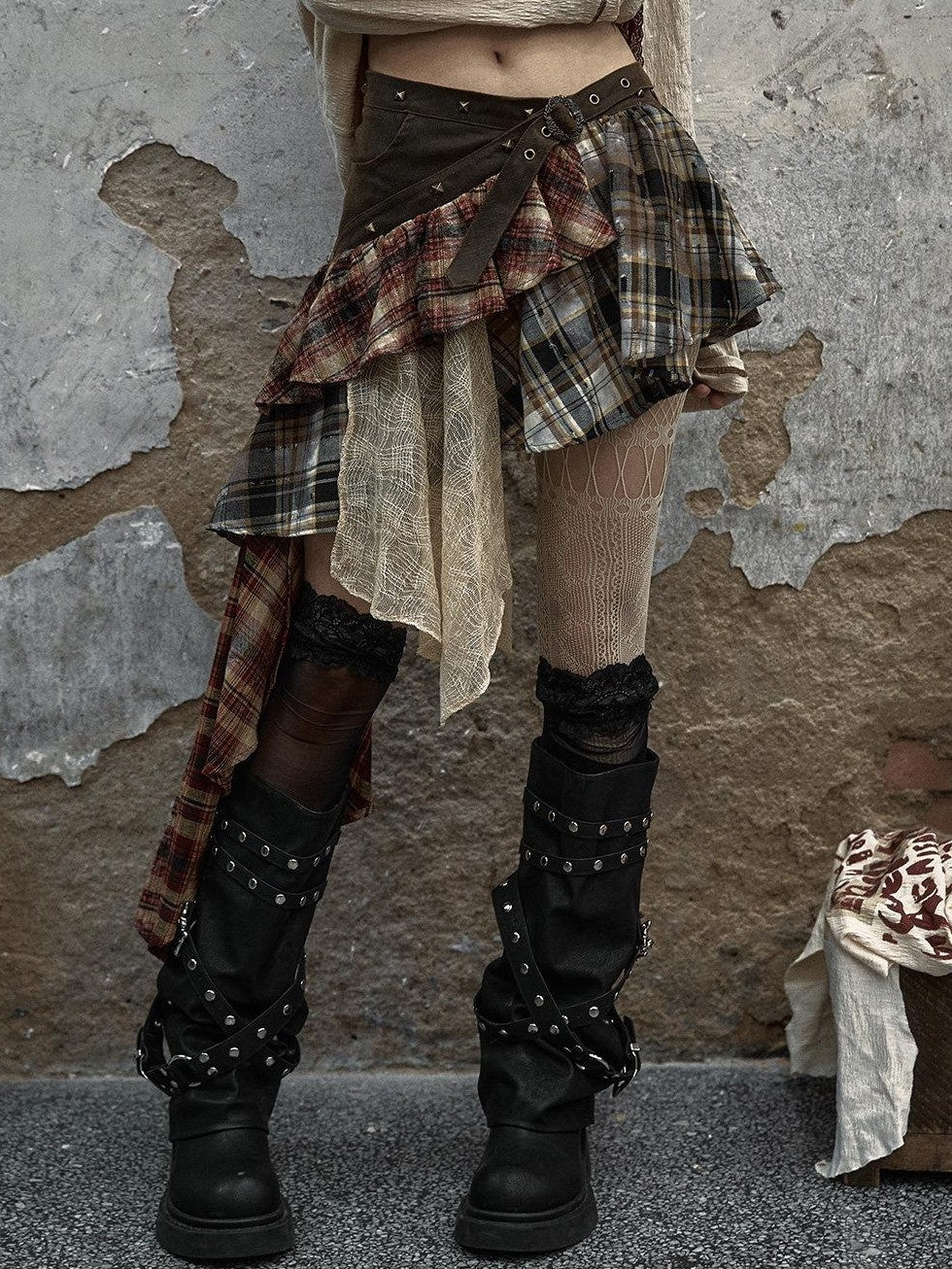 NO ROMANCE Punk Asymmetric Plaid Patchwork Rivet Women'S Cotton Midi Skirts