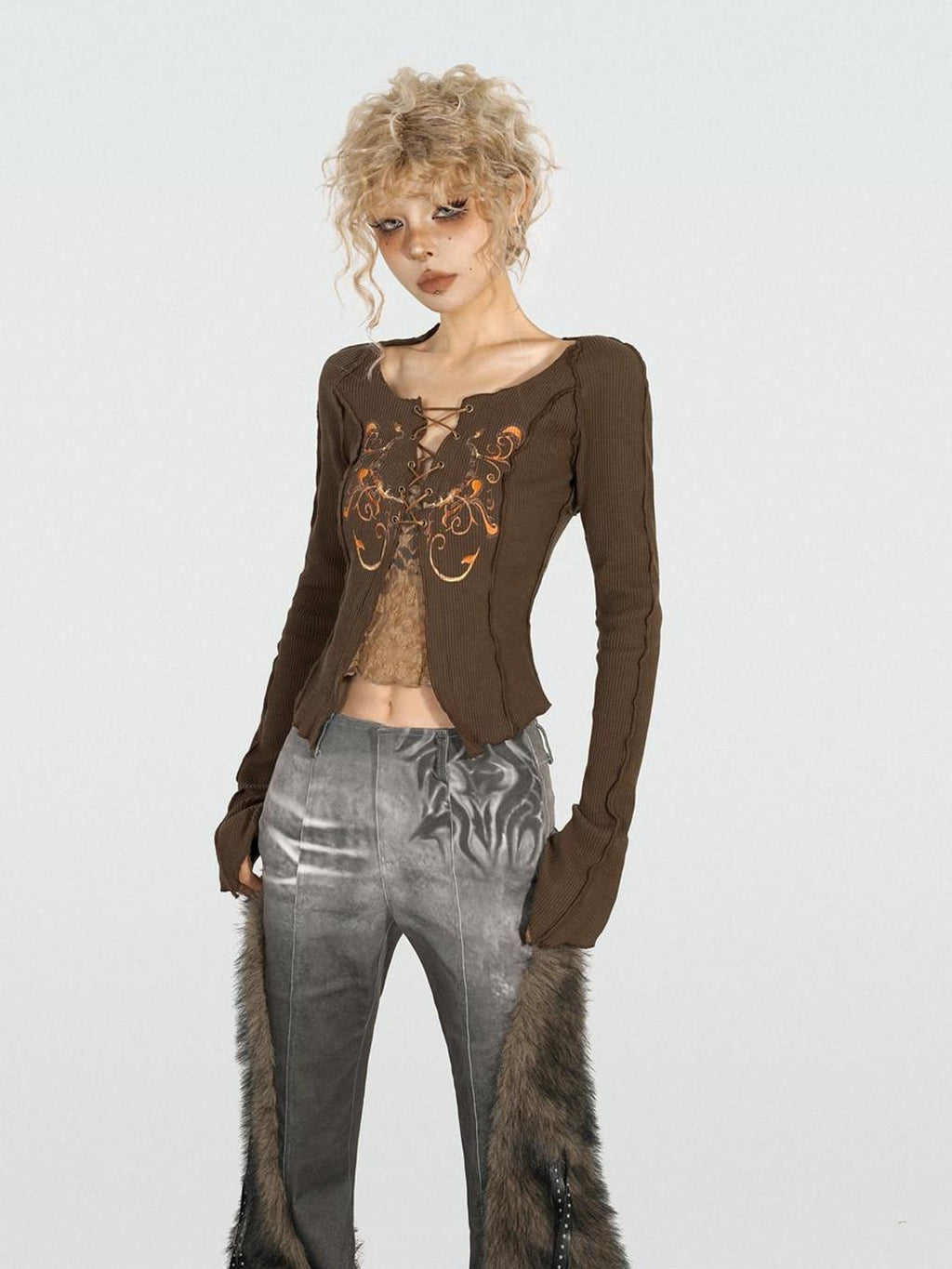 Nico Molly Butterfly Knit Slim Low Waist Tie Boatneck Women Brown Jackets
