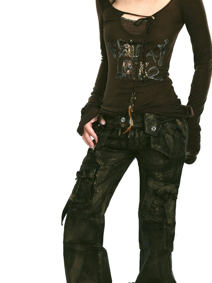 OPEN AESTHETIC Studded Leather Patch Creative Letter Print Slim Fit Women Long Sleeve T-Shirts