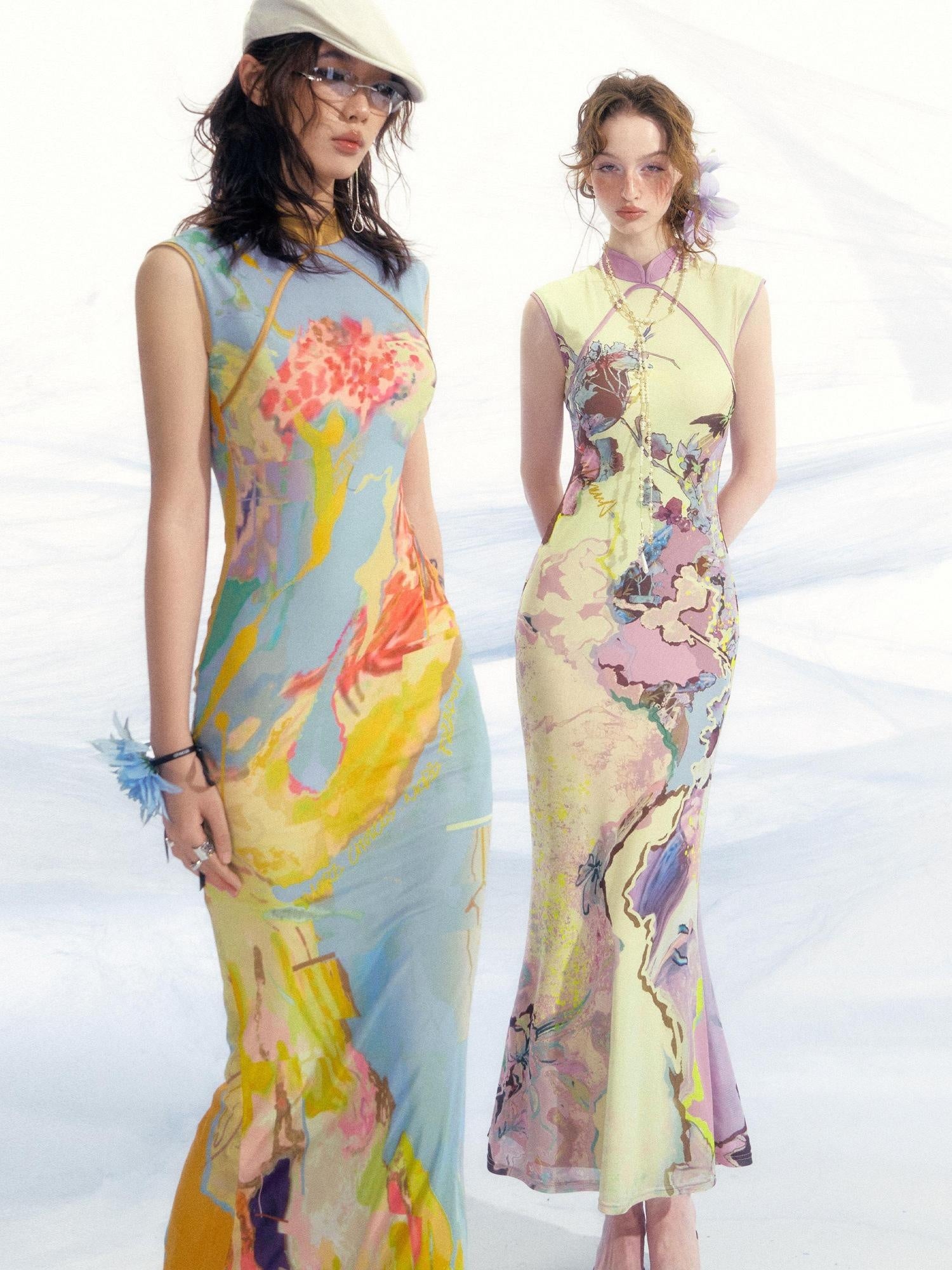 OfAkiva Floral High Waist Modern Qipao A Line Sleeveless Travel Maxi Dresses