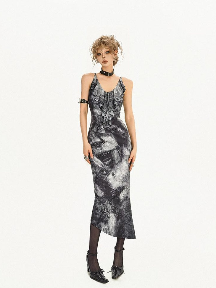 Nico Molly Flattering Chic High Waist V-neck Spaghetti Strap Office Ink Print Midi Dresses