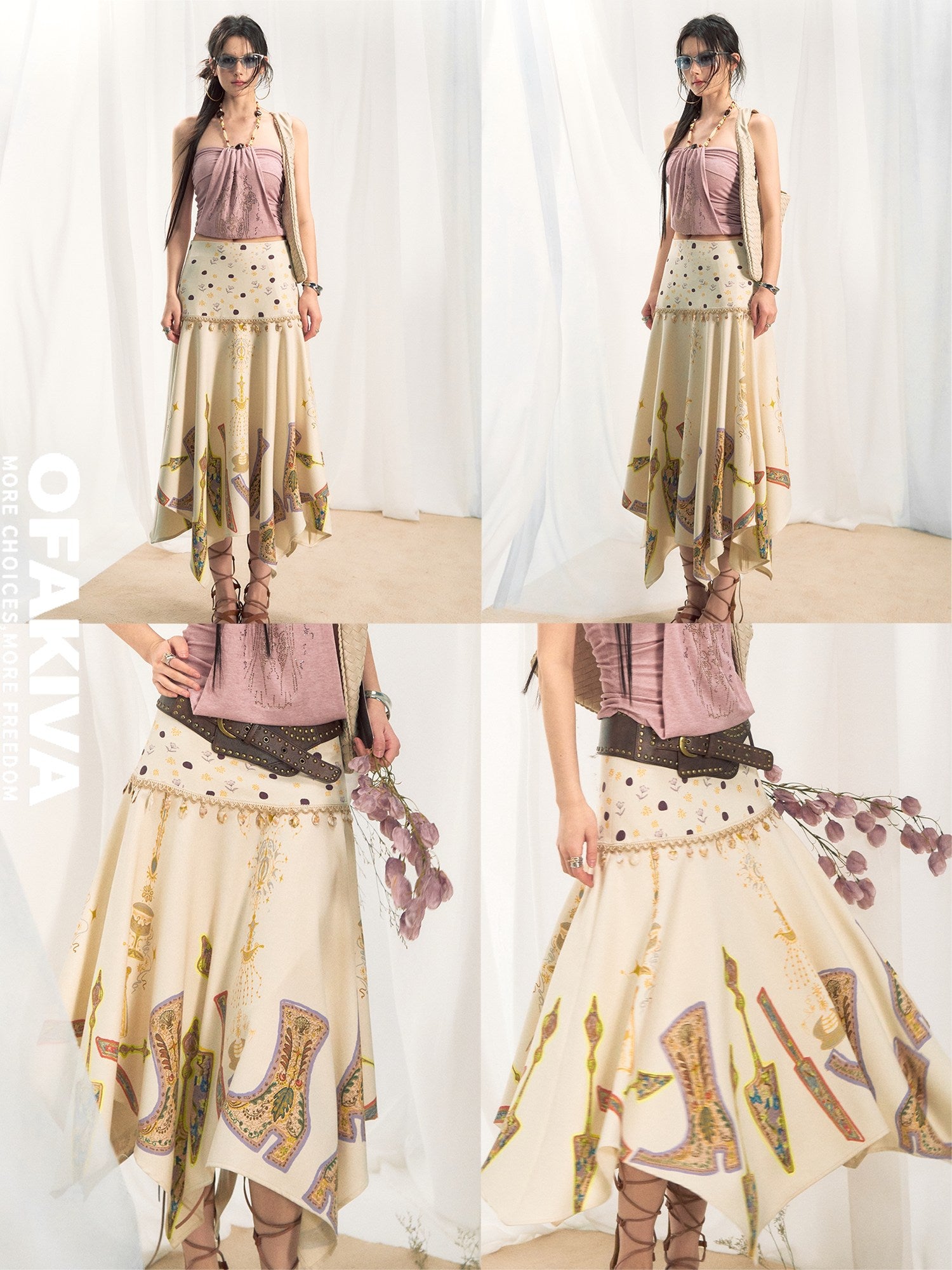 OfAkiva High Waist Asymmetrical A Line Slim Fit Printed Beige Women Maxi Skirts