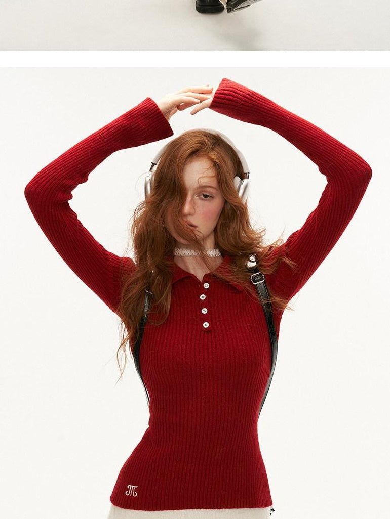 MAMC Minimalist Office Slim Fit Polo Collar Button Long Sleeve Women Purple Knitwear