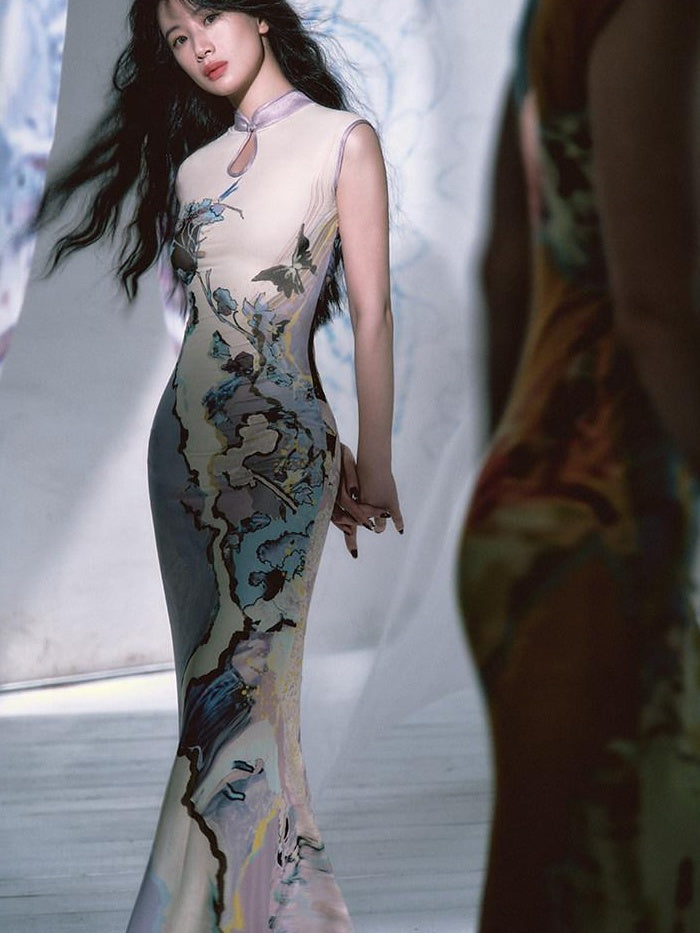 OfAkiva Floral High Waist Modern Qipao A Line Sleeveless Travel Maxi Dresses